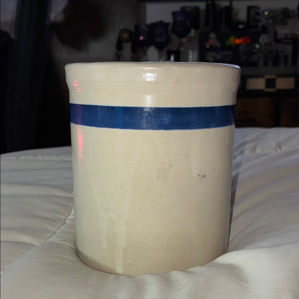 Cream Ceramic Vase with Blue Stripe Farmhouse Chic From The 1800/1900’s.